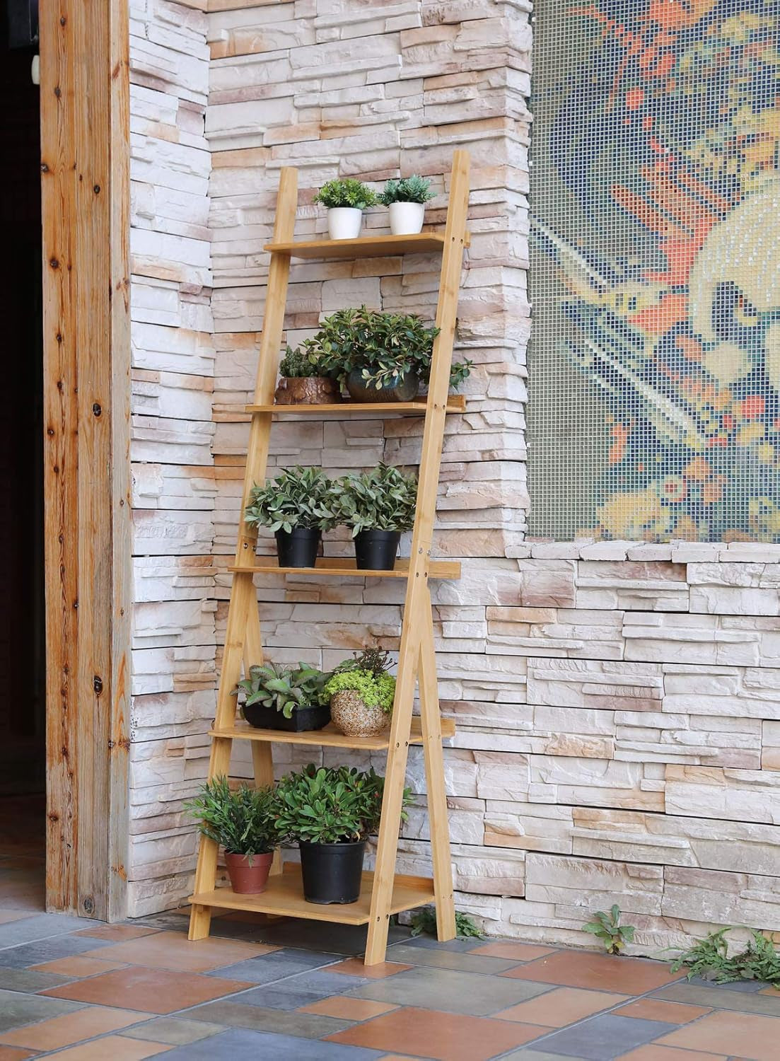 Corner Ladder Shelf Storage Shelving, 5 Tier Books/Cds/Albums/Files Holder in Living Room Home Office,Simple Assembly