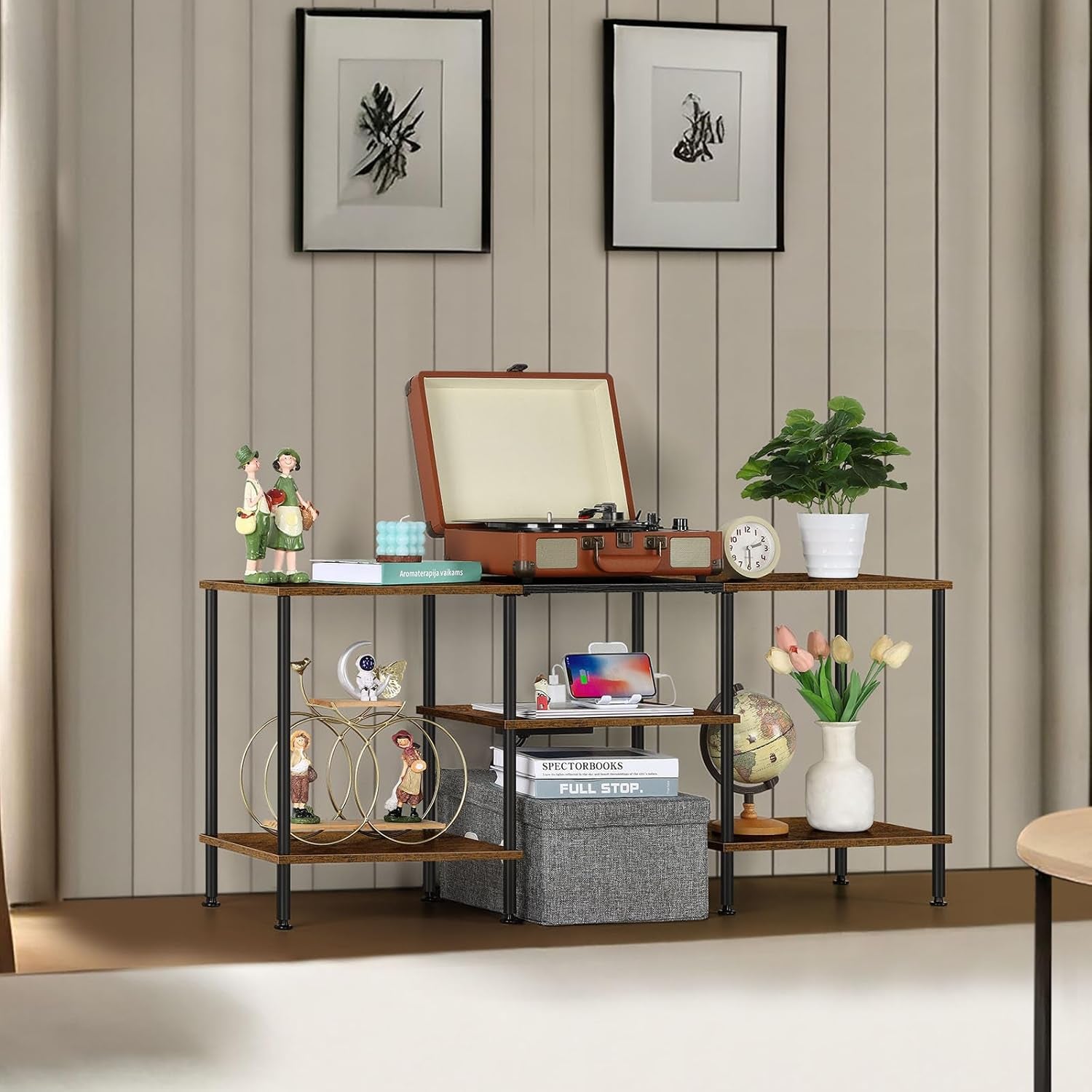 Small TV Stand for Living Room up to 50 Inch Farmhouse TV Media Entertainment Center with Power Outlets & Storage Shelf Rustic TV Console Table for Bedroom, Rustic Brown