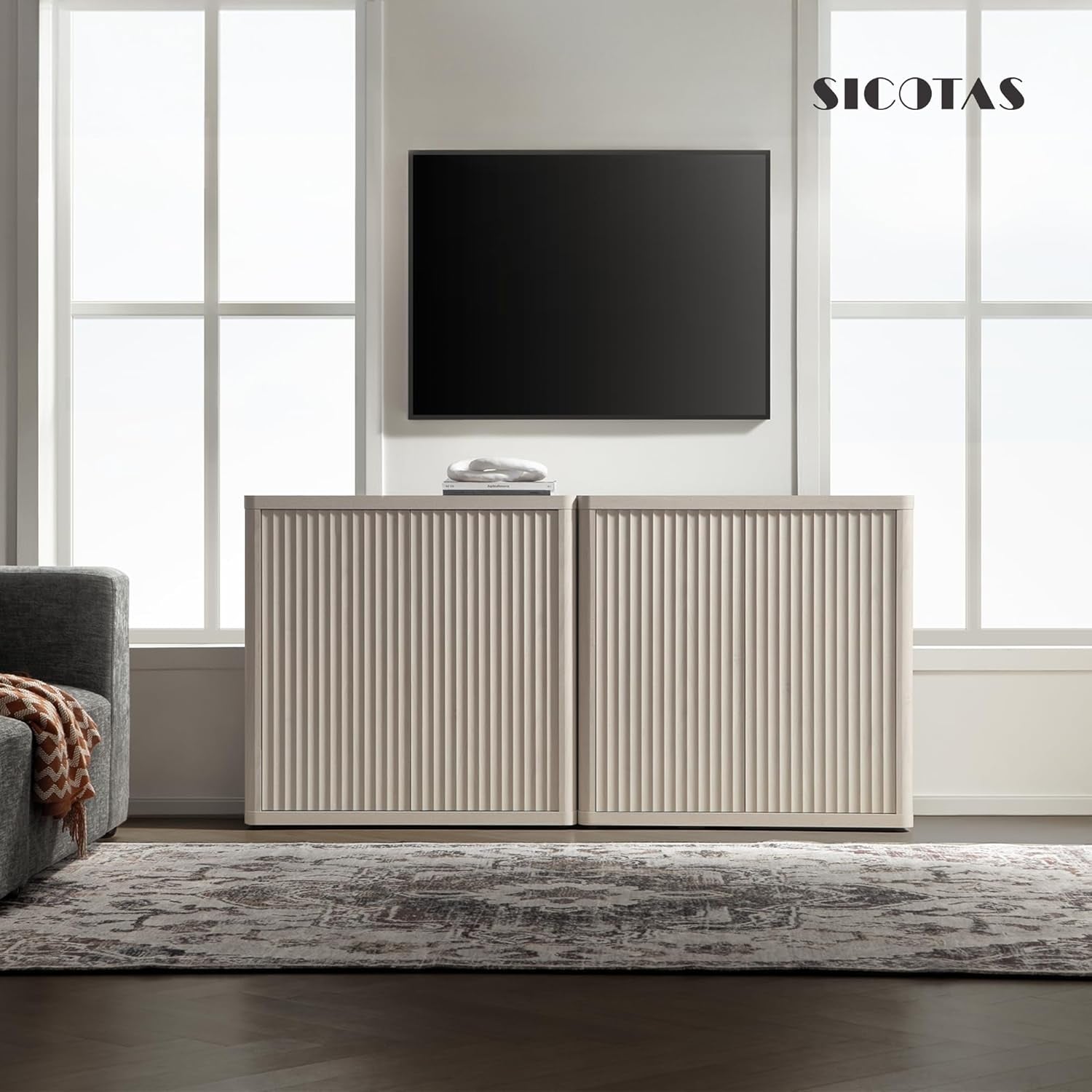 Buffet Cabinet with Storage Sideboard Accent Modern Credenza with Doors & Shelves Fluted 34.6" Tall Media Console Mid Century Coffee Bar Table for Living Room Kitchen Dining Room Hallway