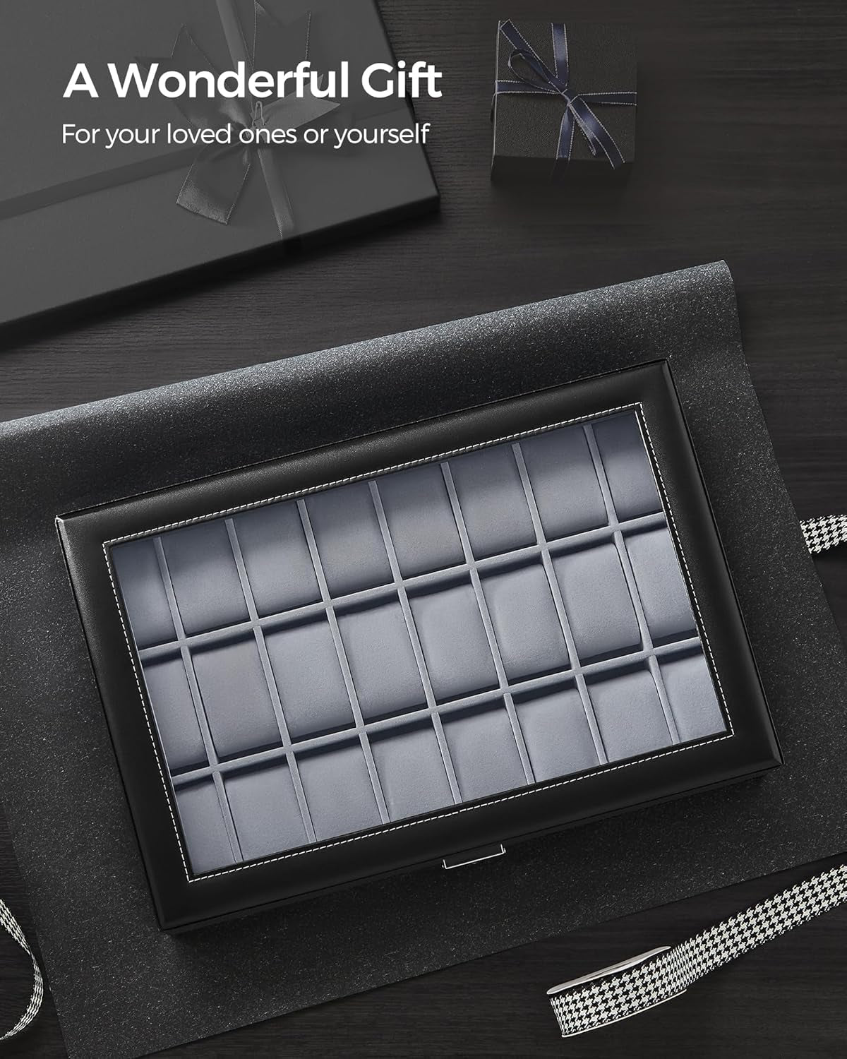 24-Slot Watch Box, Lockable Storage Case with Glass Lid, Ink Black Synthetic Leather, Dove Gray Lining, Gift Idea UJWB024