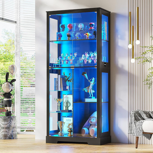 71” Display Cabinet with Glass Doors, Modern Curio Cabinet with 3 Color Lights, 7-Tiers Glass Display Cases for Collectibles, Tall Lego Storage Cabinet with Human Body Sensor (Black)