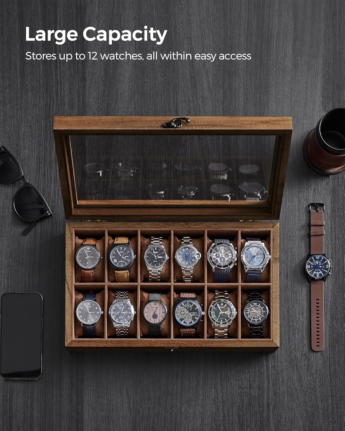 Watch Boxes Bundle, 12-Slot Watch Case, 2-Tier Watch Display Case, with Large Glass Lid, Solid Wood Watch Box Organizers, Gift for Loved Ones, Rustic Walnut UJOW120K01 and UJOW012K01