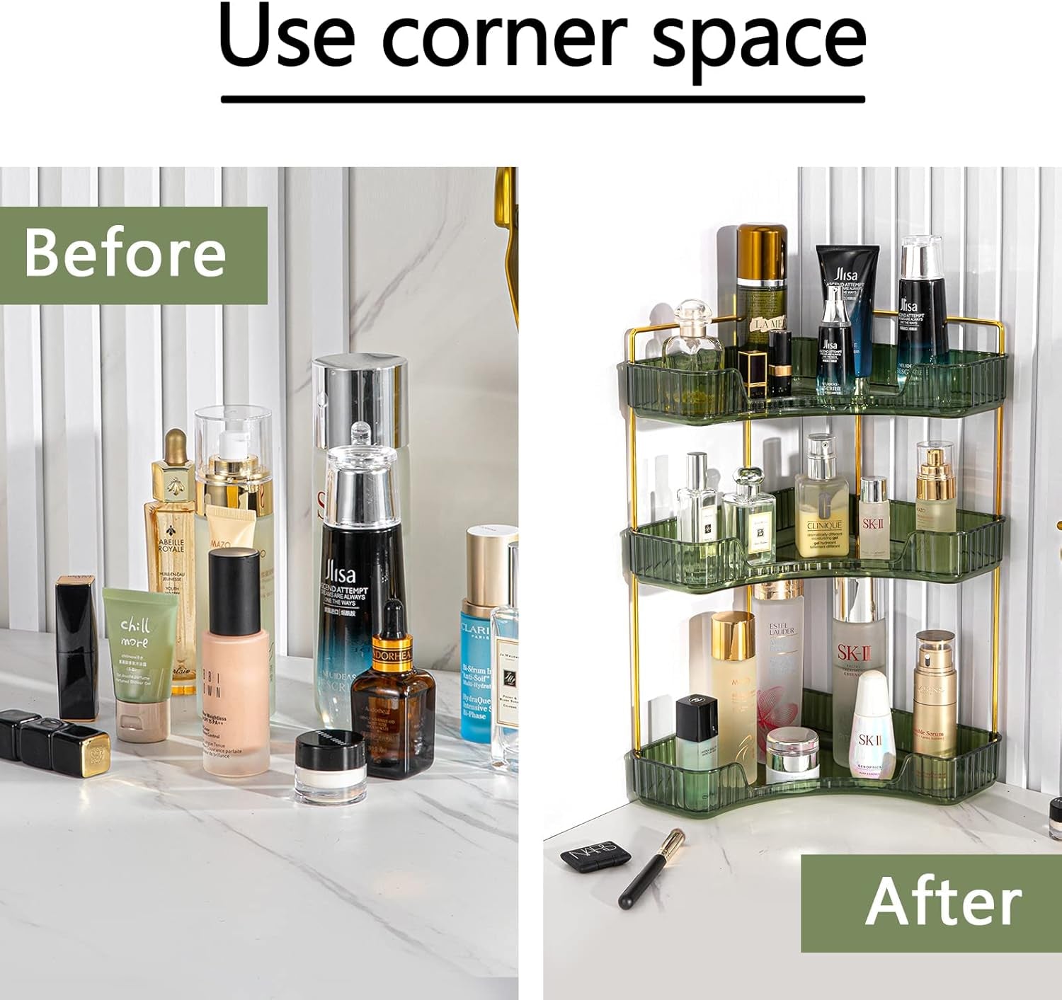 3-Tier Corner Bathroom Counter Organizer – Classic Storage Shelf for Makeup, Perfume & Toiletries, Space-Saving Countertop Tray Fits Bathroom, Dresser, Kitchen (Sage Green)