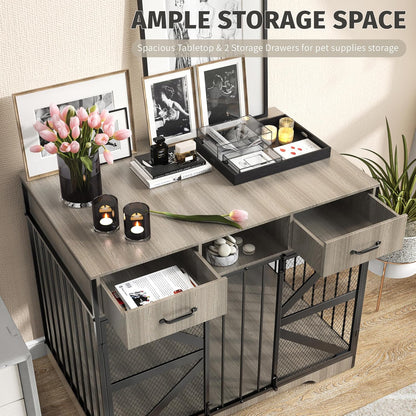 44" Large Dog Crate Furniture, Wooden Heavy Duty Dog Kennel TV Stand with 2 Drawers, Indoor Multi-Functional Decorative XL Furniture for Medium & Large Breeds, Black