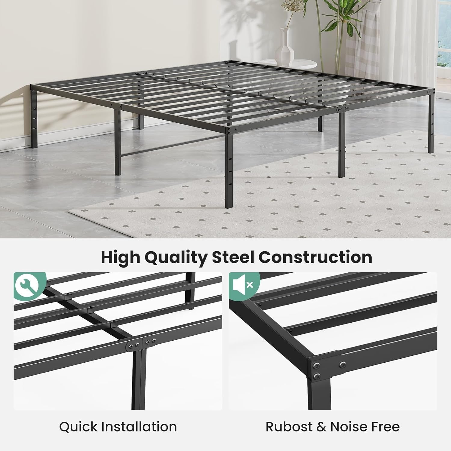 Full Size 18 Inch Platform Bed Frame, Heavy Duty Metal Foundation Frame, Noise-Free Sturdy Steel Slats, Underbed Storage, No Box Spring Needed, Quick Setup
