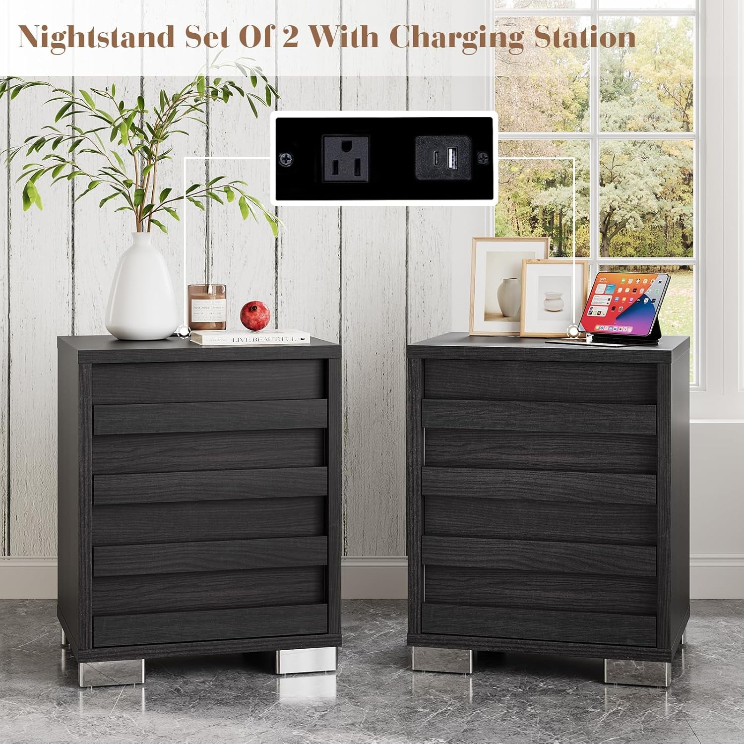 3 Pcs Bedroom Furniture Set - Includes Farmhouse 6 Drawer Dresser and Nightstand Sets of 2 with Charging Station, Slated Handles & Stainless Steel Feet, Black