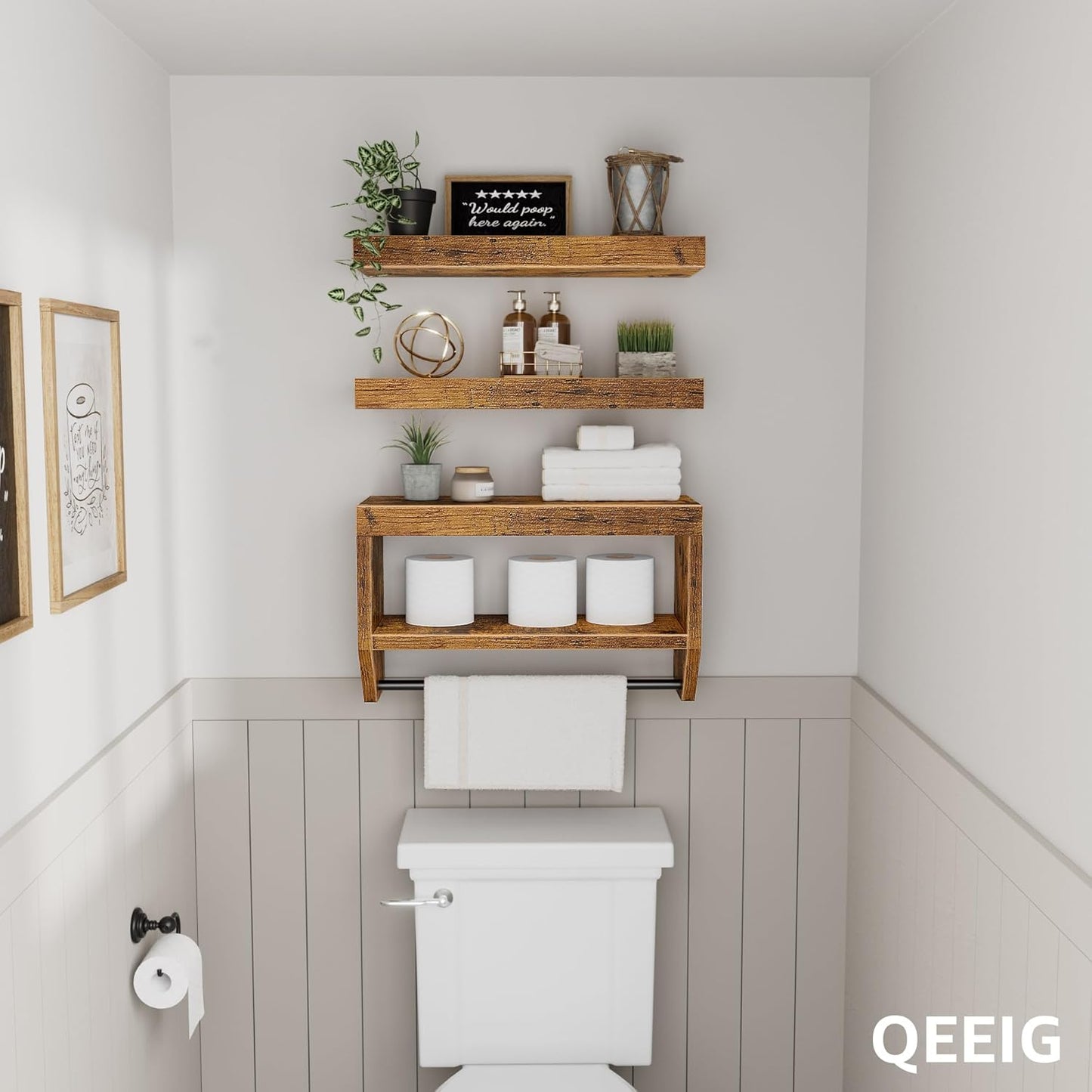 Bathroom Floating Shelves for Wall - Shelf over Toilet Paper Storage Farmhouse 16 Inch Set of 3, Rustic Brown (028-40BN3)