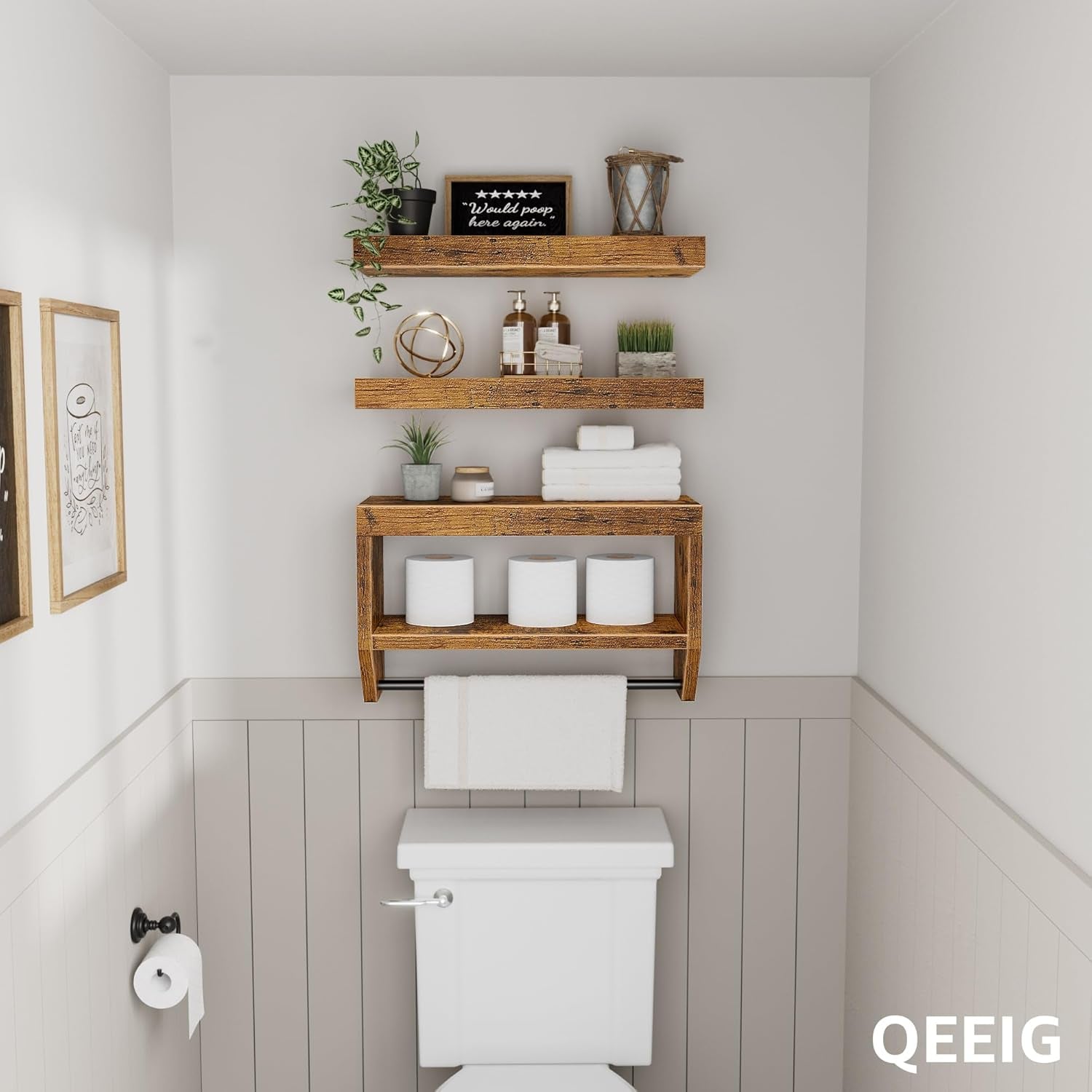 Bathroom Floating Shelves for Wall - Shelf over Toilet Paper Storage Farmhouse 16 Inch Set of 3, Rustic Brown (028-40BN3)