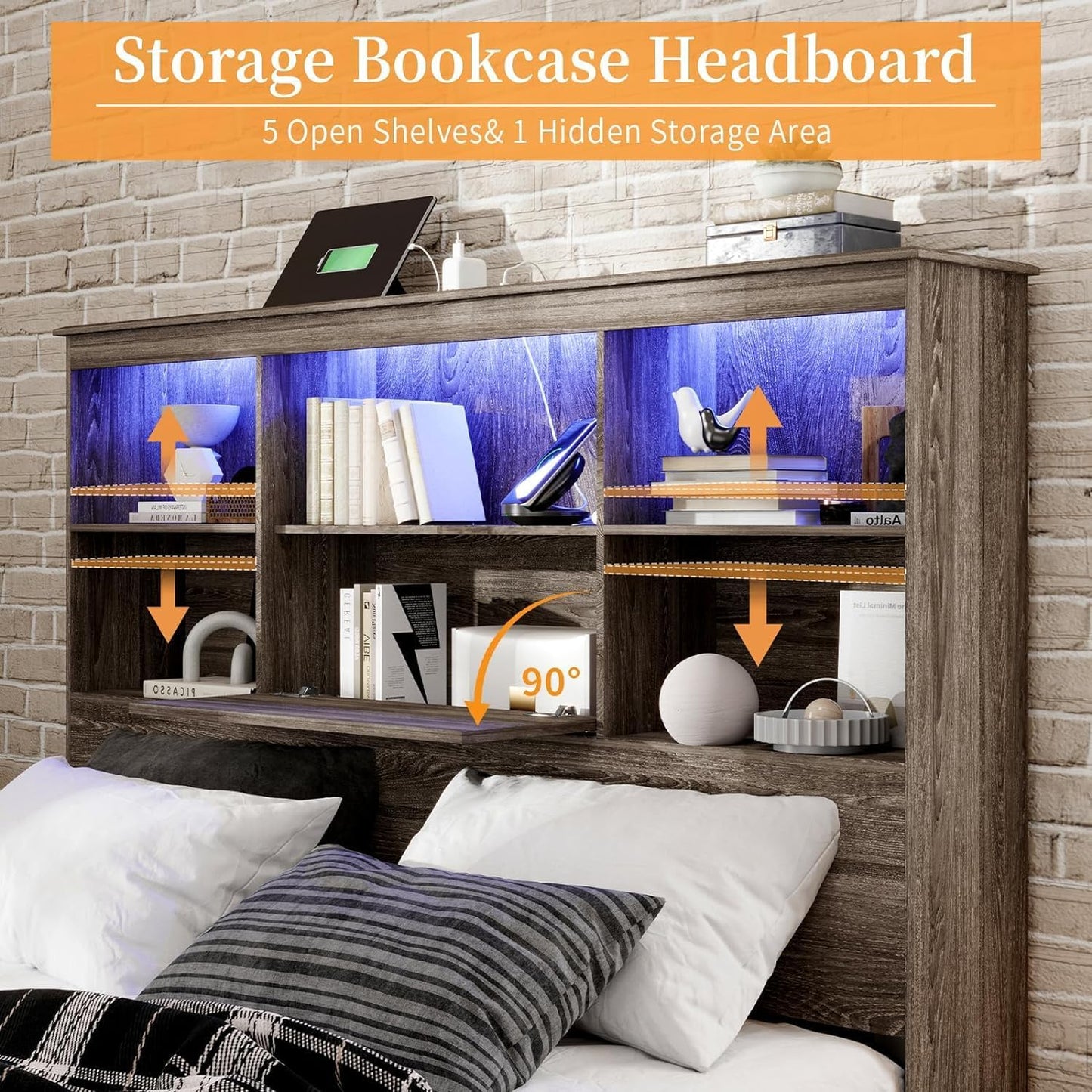 2-Piece Bedroom Set, Farmhouse Full Size Bed Frame and 5 Drawers Dresser, Wooden Storage Bed with Charging Station & 4 Drawers, Tall Dressers Organizer with Metal Handles for Bedroom, Grey