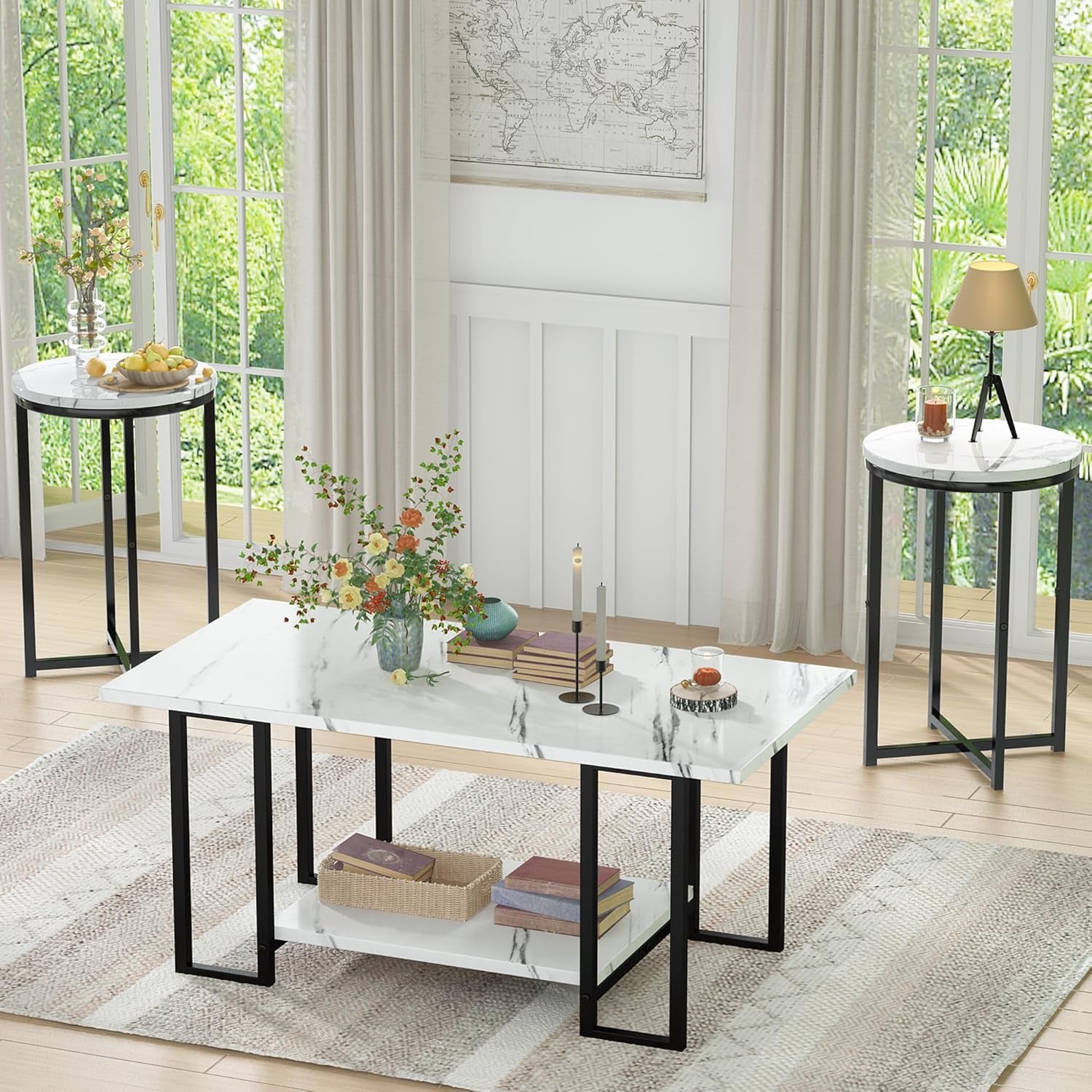 3 Pieces Living Room Table Set, Faux Marble Coffee Table with 2 round End Side Tables, Coffee Table Set with Metal Frame for Apartment Home Office, White Black