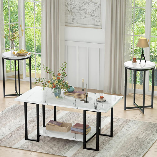 3 Pieces Living Room Table Set, Faux Marble Coffee Table with 2 round End Side Tables, Coffee Table Set with Metal Frame for Apartment Home Office, White Black