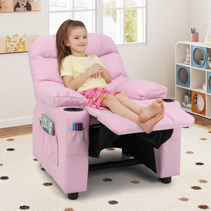 Kids Recliner Chair with Cup Holder, Adjustable Lounge Chair W/Footrest & Side Pockets for Children Boys Girls Room, Ergonomic Toddler Furniture Sofa, Kids Pink Recliner (Pink)