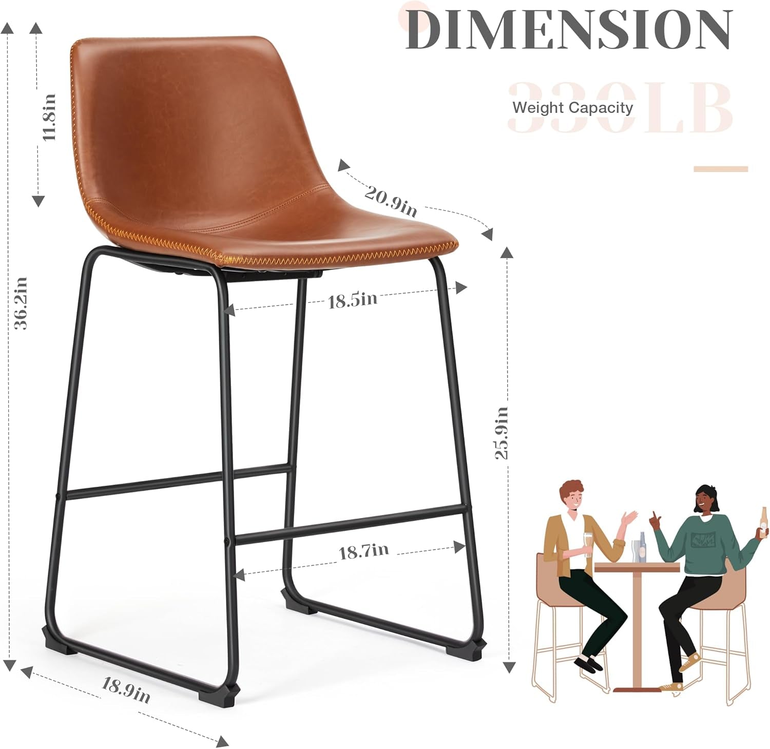 26 Inch Counter Height Bar Stools Set of 2, Modern Faux Leather High Barstools with Back and Metal Leg, Bar Chairs for Kitchen Island, Elegant Brown