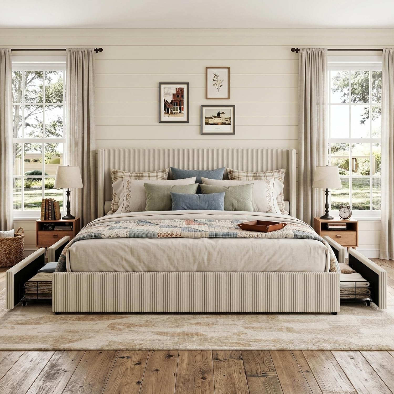 King Size Bed Frame with Storage Drawers, Corduroy Upholstered Platform Bedframe with Wingback, Headboard and Footboard, No Box Spring Needed, Beige