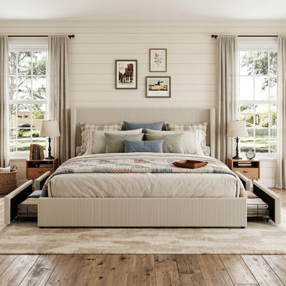 King Size Bed Frame with Storage Drawers, Corduroy Upholstered Platform Bedframe with Wingback, Headboard and Footboard, No Box Spring Needed, Beige
