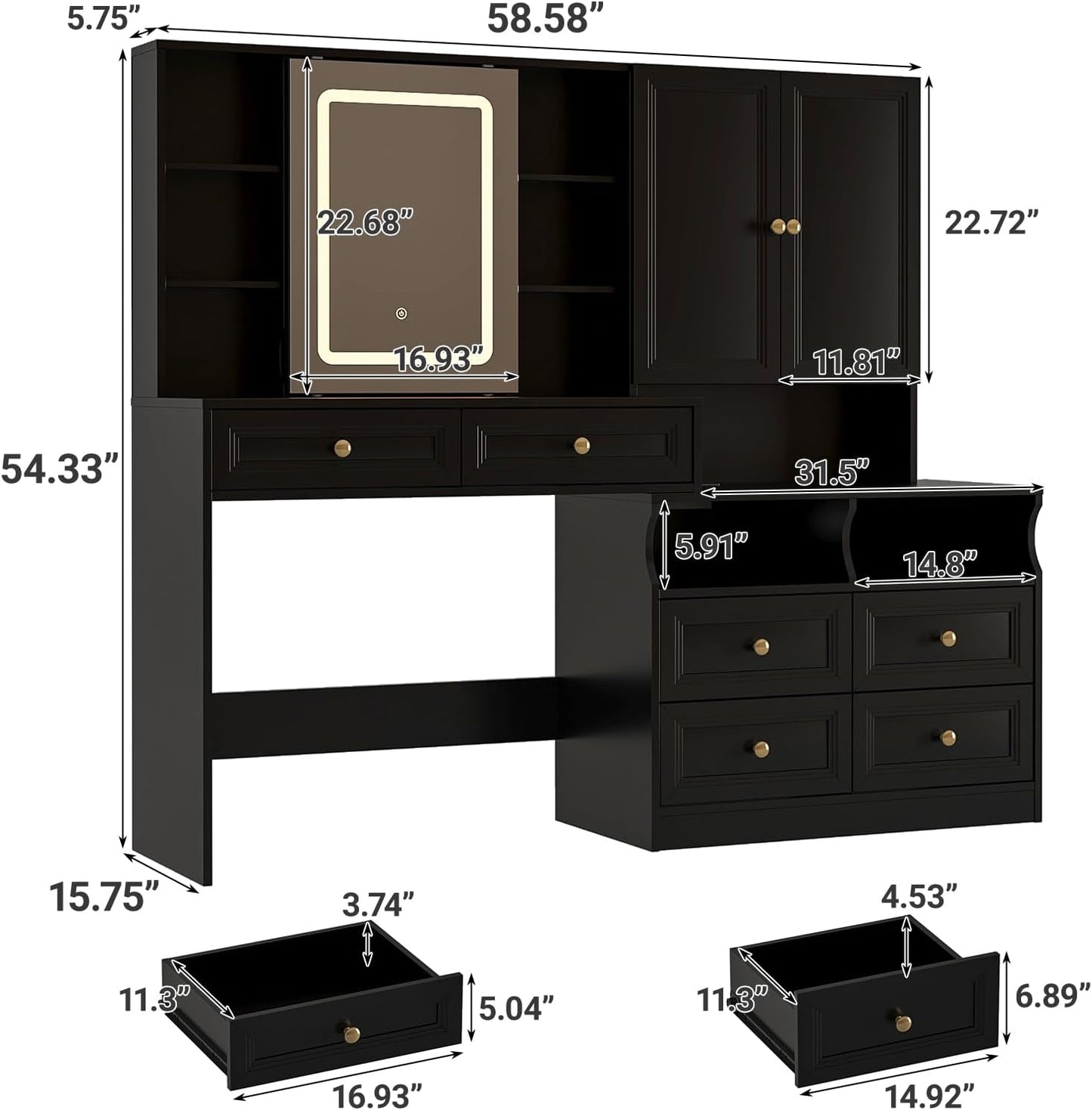 58.6" Large Vanity Desk with Sliding Mirror & Lights, Black Makeup Vanity Table & Nightstand Combo with Power Outlet and 6 Drawers 15 Shelves with Light Strips for Bedroom Dressing Room