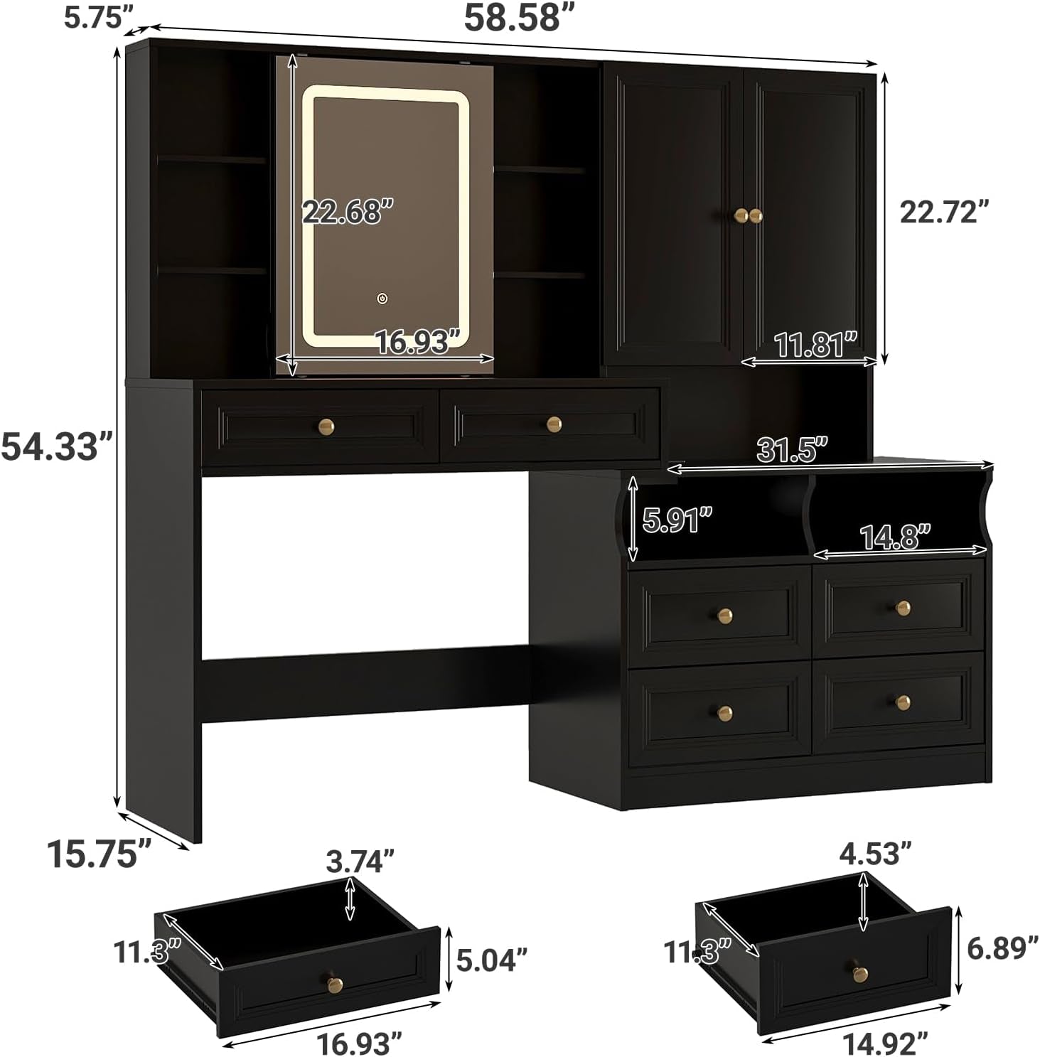 58.6" Large Vanity Desk with Sliding Mirror & Lights, Black Makeup Vanity Table & Nightstand Combo with Power Outlet and 6 Drawers 15 Shelves with Light Strips for Bedroom Dressing Room