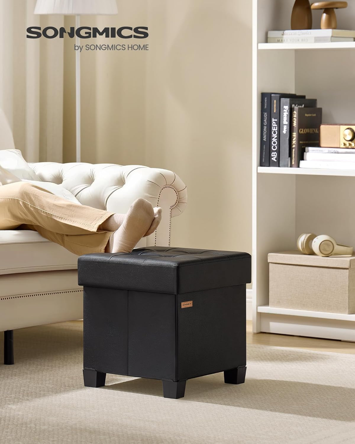 Storage Ottoman, Cube Ottoman with Legs, 15 X 15 X 15.7 Inches, Footstool, Footrest, 10 Gal. (37 L), Synthetic Leather, for Bedroom, Living Room, Dorm, Ink Black ULSF0512B02