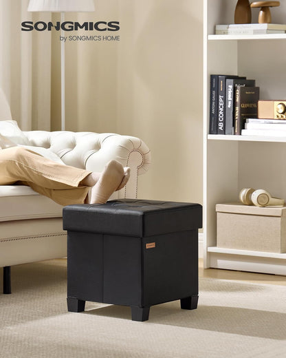 Storage Ottoman, Cube Ottoman with Legs, 15 X 15 X 15.7 Inches, Footstool, Footrest, 10 Gal. (37 L), Synthetic Leather, for Bedroom, Living Room, Dorm, Ink Black ULSF0512B02