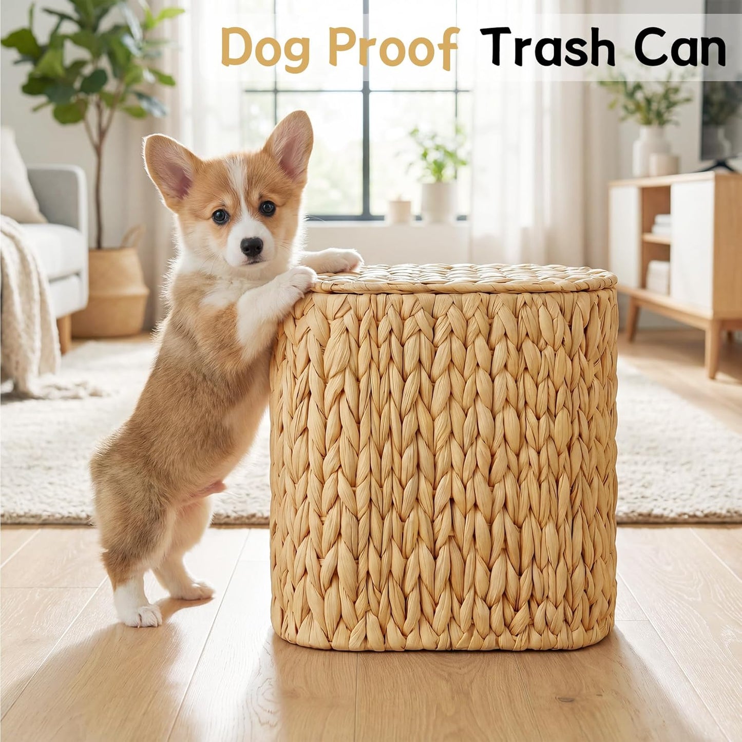3 Gallon Wicker Trash Can, Bathroom Trash Can with Lid, Narrow Natural Water Hyacinth Waste Basket with Removable Liner, Boho Garbage Can for Bedroom, Office, Small Spaces Living Room, Toilet