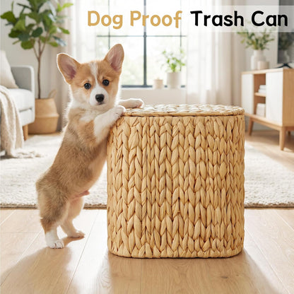 3 Gallon Wicker Trash Can, Bathroom Trash Can with Lid, Narrow Natural Water Hyacinth Waste Basket with Removable Liner, Boho Garbage Can for Bedroom, Office, Small Spaces Living Room, Toilet