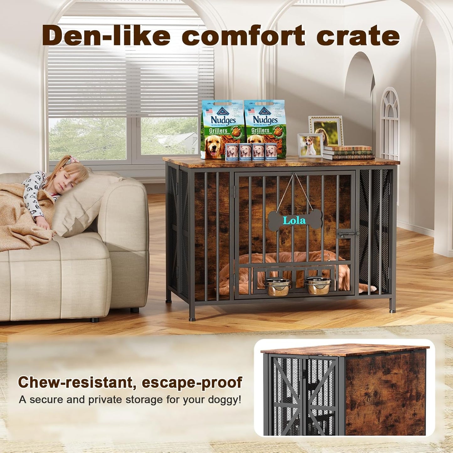 Foldable Large Dog Crate Furniture, 41.3" Assembly-Free Dog Crates for Large Dogs, Wooden Dog Kennel Indoor with Tag & Dog Bowls, Dog Cage Use as TV Stand, Rustic Brown