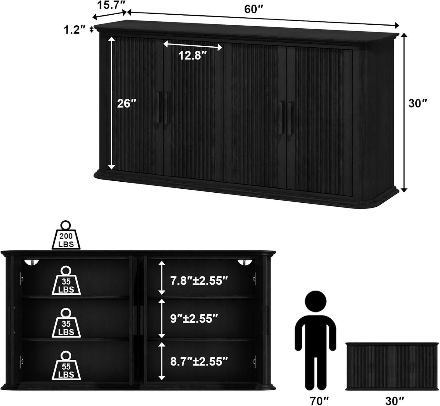 Fluted Sideboard Buffet Cabinet with Storage, 60" Modern Credenza with 4 Doors & Adjustable Shelves, Wood Coffee Bar Table for Living Room, Kitchen, Dining Room, Hallway, Black