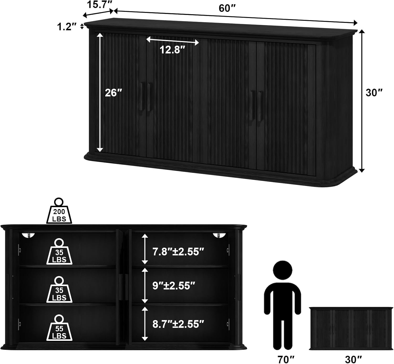 Fluted Sideboard Buffet Cabinet with Storage, 60" Modern Credenza with 4 Doors & Adjustable Shelves, Wood Coffee Bar Table for Living Room, Kitchen, Dining Room, Hallway, Black