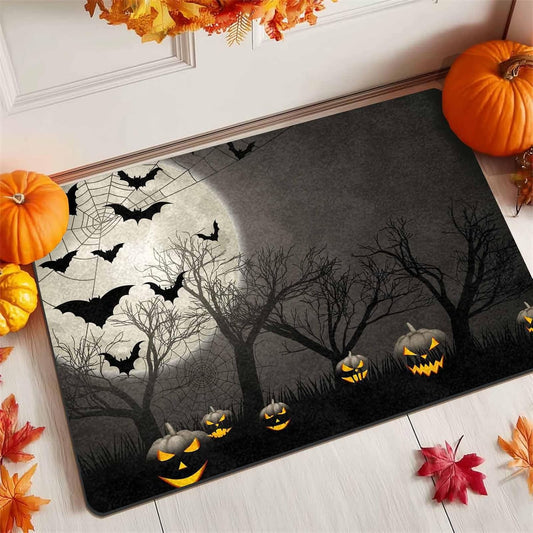 Halloween Welcome Door Mats Black Pumpkins, Bats and Moon Door Mats with Non-Slip Backing Welcome Matt Outdoor Non Slip Rubber Entry Doormat Entrance Mat, 16" X 24" Inch