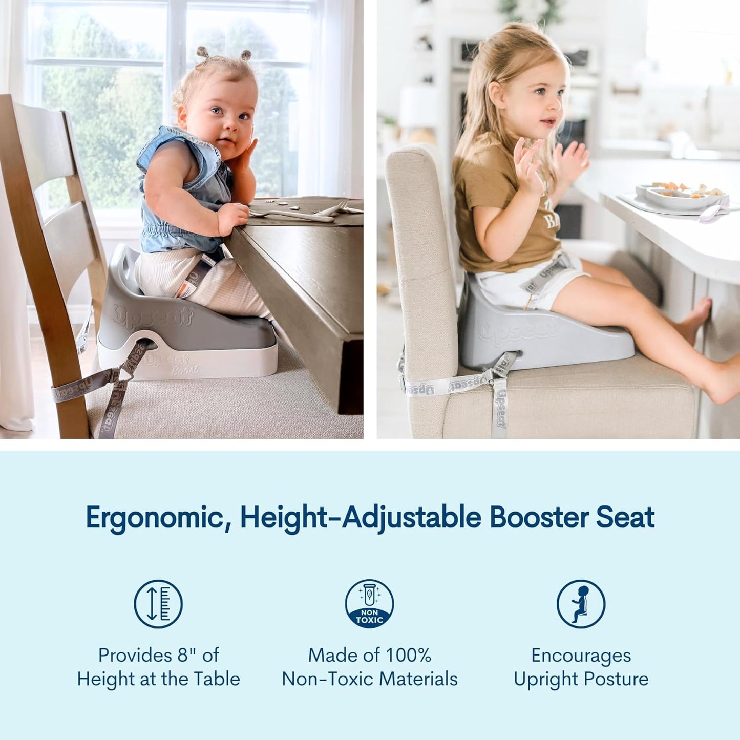 Boost Ergonomic Toddler Booster Seat for Dining Table, Developed with Physical Therapists to Encourage Posture, 3-Point Harness, Easy to Wipe Clean, and Lightweight Gray