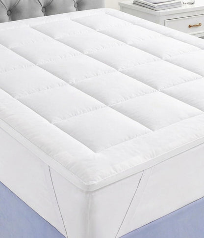 Queen Size Mattress Topper 1 Inch, Plush Polyester Fiber Bed Topper for Soft Support & Pain Relief, 4 Elastic Corner Straps, White