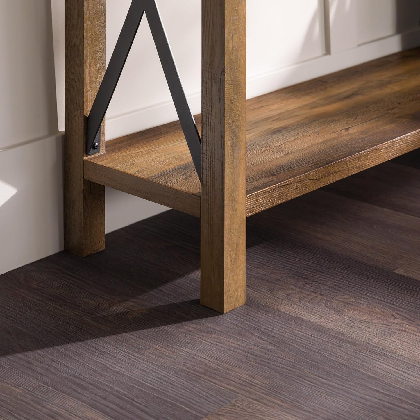 Sedalia Modern Farmhouse Metal X Entry Table, 46 Inch, Rustic Oak