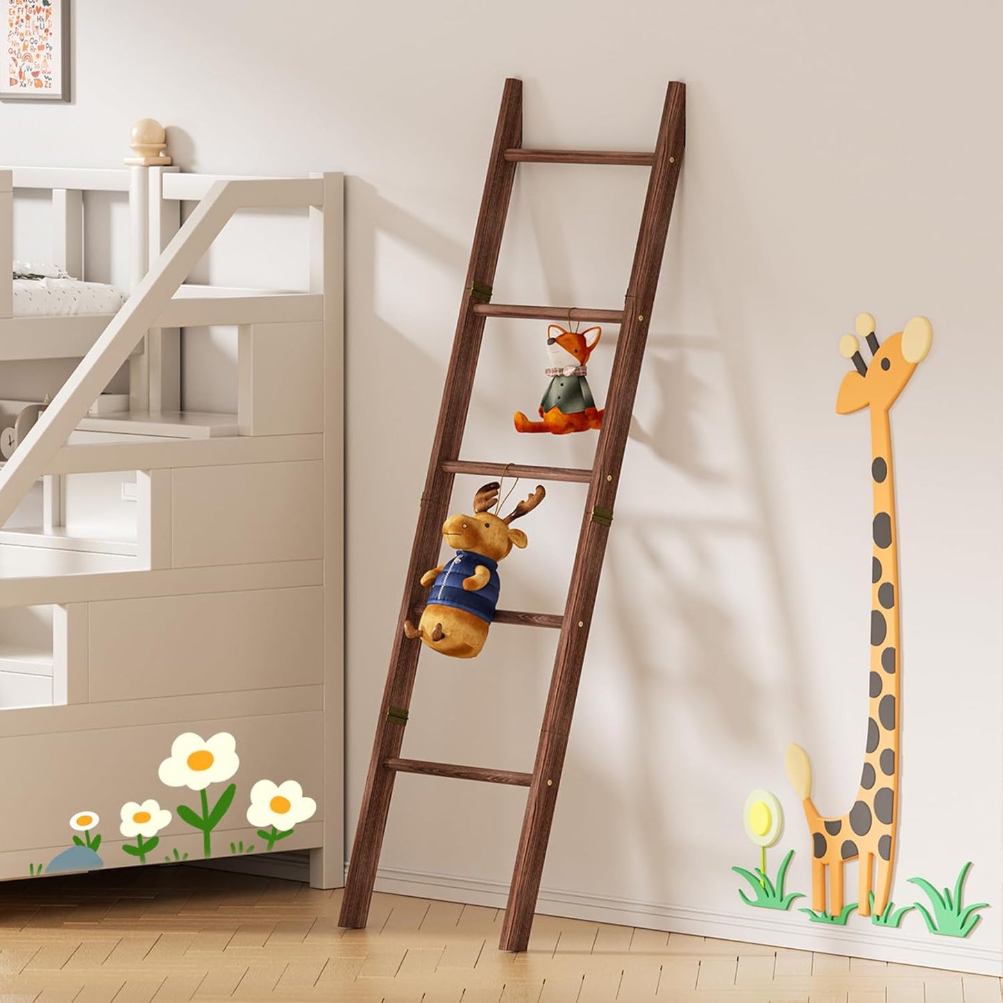 Blanket Ladder for Living Room, 5-Tier Wooden Ladder Shelf, Rustic Decorative Blanket Rack for Blankets, Quilts, Farmhouse Decor Ladder Shelf for Bedroom Bathroom Home Christmas Decor, Brown