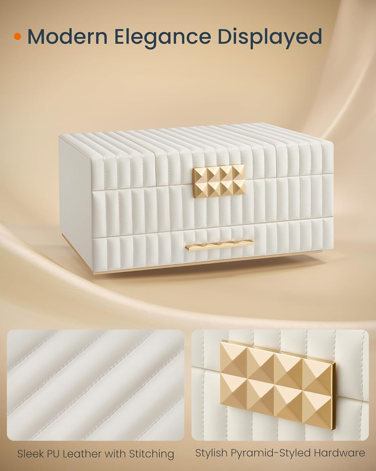 HOME Large Capacity Jewelry Box with Mirror, Jewelry Organizer with a Drawer, PU Surface with Stitching, 10.6 X 15 X 6.3 Inches, Cloud White, ANAH Collection ​UJBC184W01