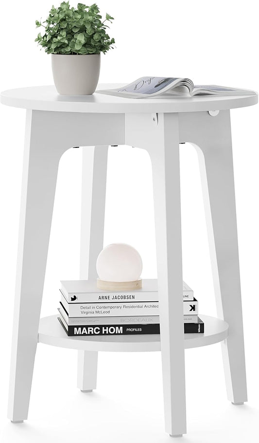 Side Table, Small round End Table with Lower Shelf, Nightstand for Small Spaces, Living Room, Bedroom, White ULET283T14