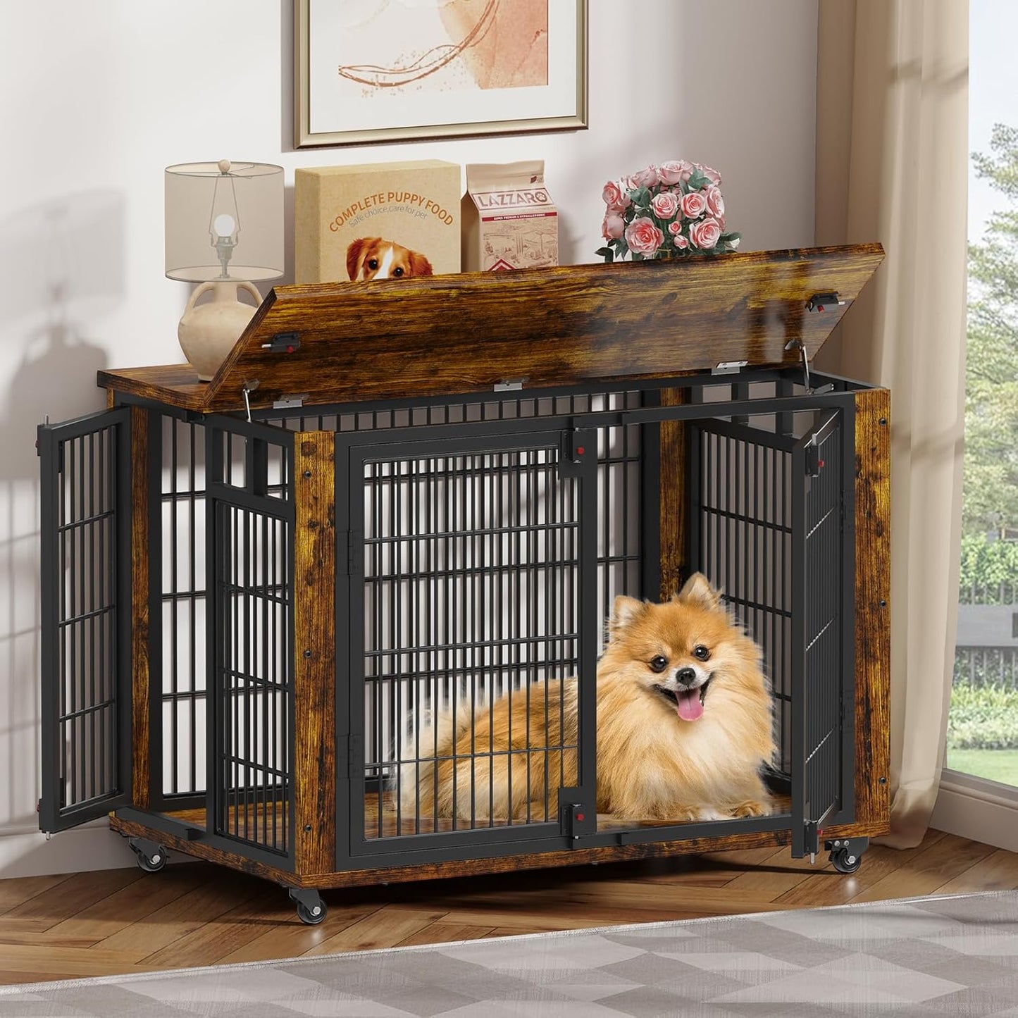 90% Pre-Assembled 41" Moveable XL Dog Crate, Large Dog Crate Furniture with Top-Access Teasing/Feeding Doors, Chew-Resistant Dog Kennel Indoor Furniture for Medium and Large Dogs