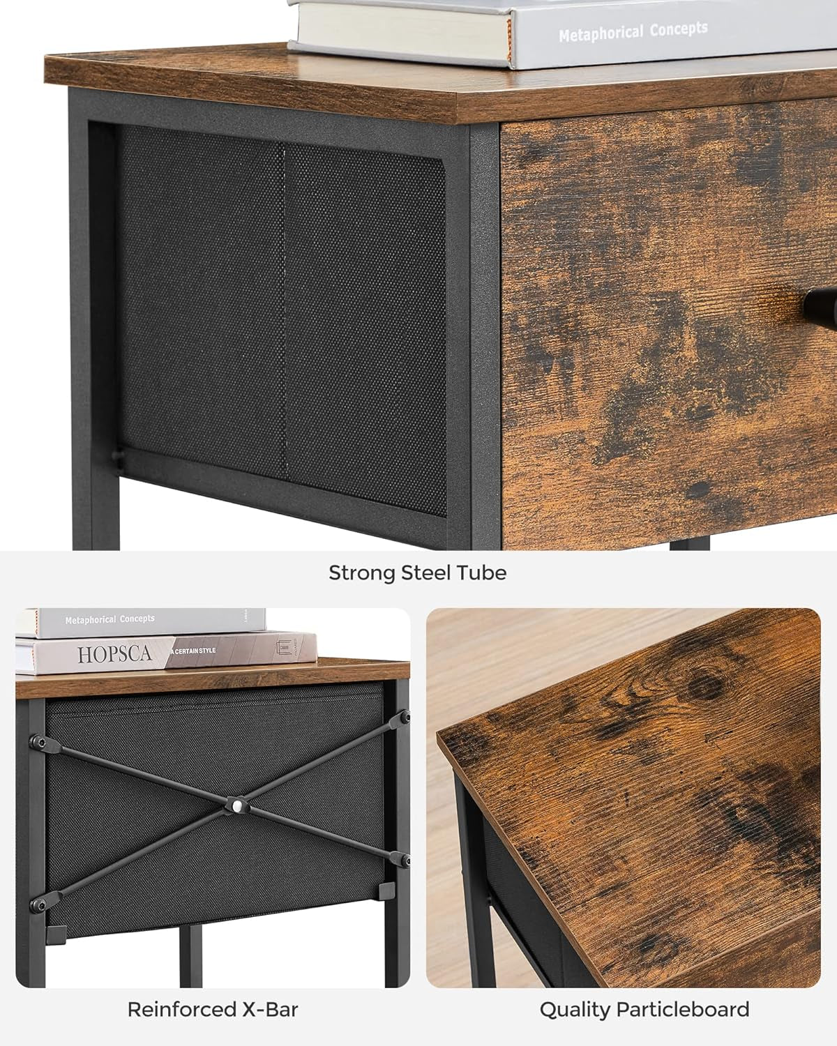 Nightstand, Side Table with Fabric Drawer, 24-Inch Tall End Table with Storage Shelf, Bedroom, Rustic Brown and Black ULGS021B01