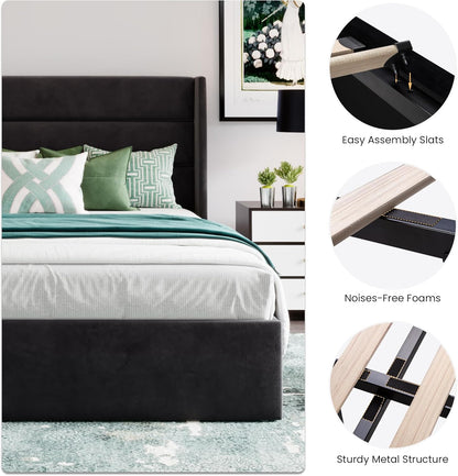 Queen Size Lift up Storage Bed/Velvet Upholstered/Modern Wingback Headboard/Upholstered Platform Bed Frame/Hydraulic Storage/No Box Spring Needed/Black