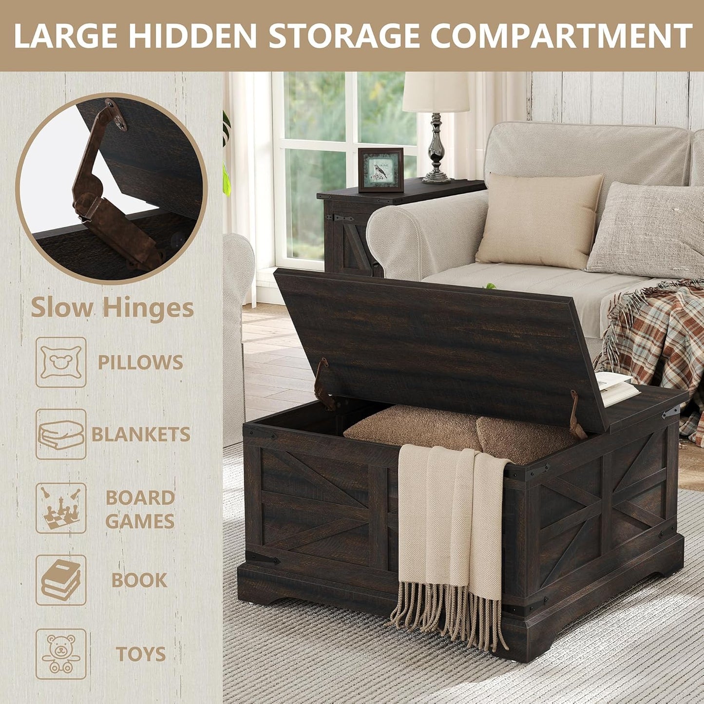 Square Coffee Table with Storage Farmhouse Coffee Table with Lifting Top Modern Wood Center Table for Living Room Home Office, Dark Brown