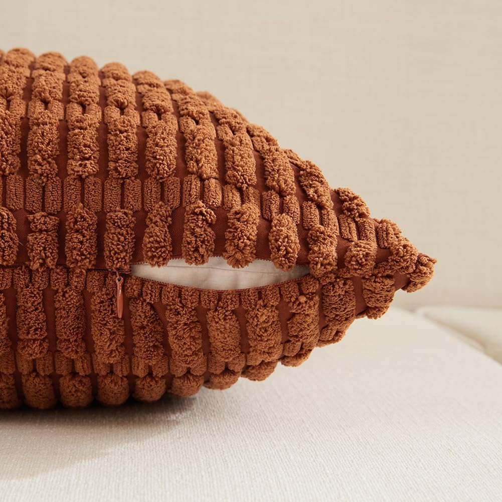2 Packs Rust Decorative Throw Pillow Covers 18X18 Inch for Living Room Couch Bed Sofa, Soft Striped Corduroy Square Cushion Case 45X45 Cm, Terracotta Rustic Farmhouse Boho Home Decor