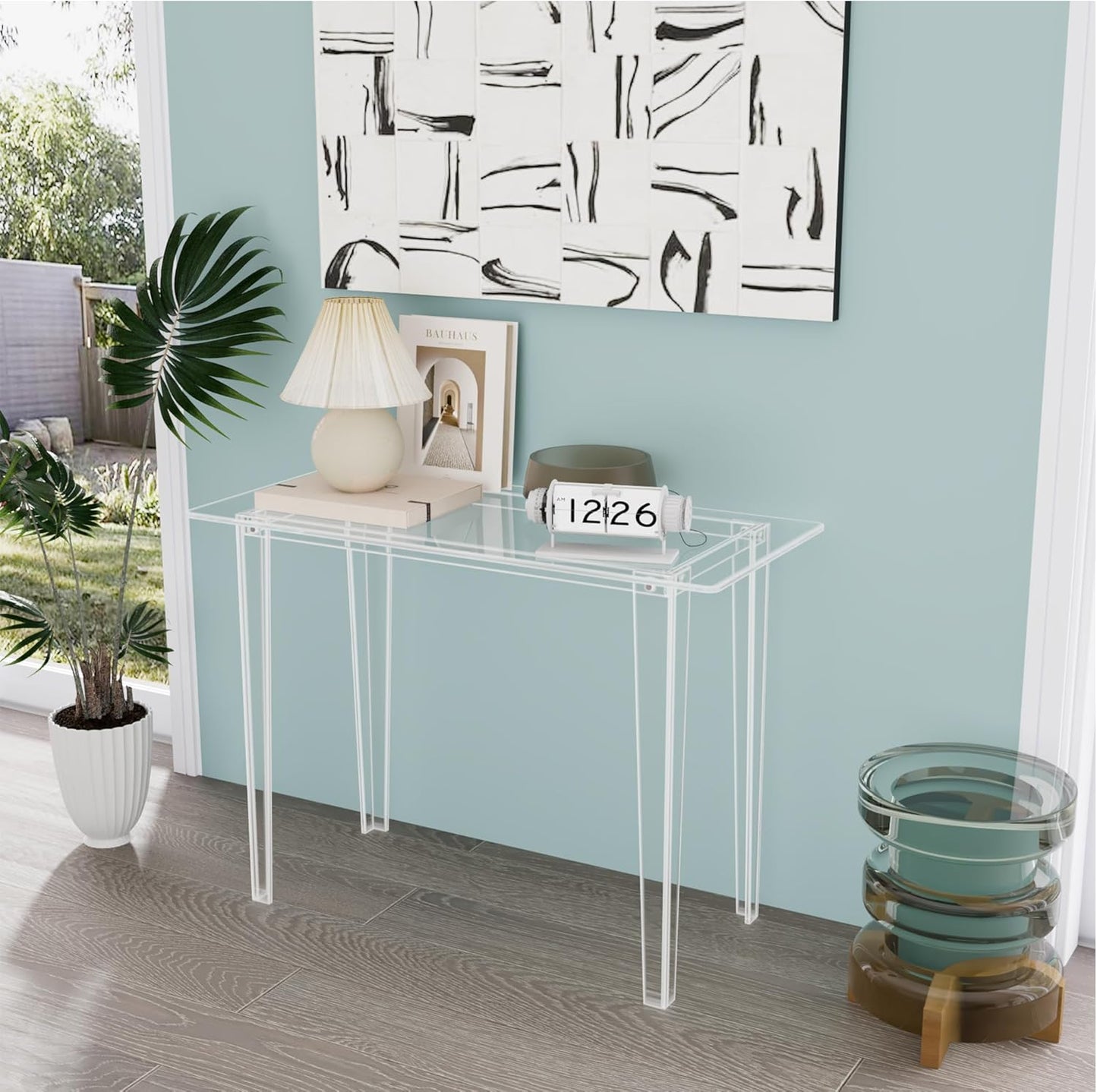 Acrylic Desk - Clear Acrylic Table, Modern Home Office Study Table, Extended Surface Multi-Purpose Console, Sturdy Lightweight Workstation for Small Spaces (Transparent-L)