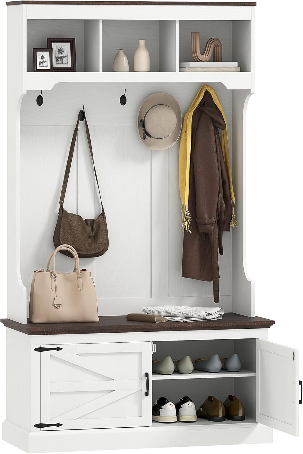 3-In-1 Hall Tree with Shoe Storage, Standing Coat Rack with Shoe Bench, Entryway Furniture with Five Hooks, White Wood Grain