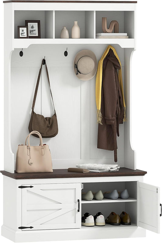 3-In-1 Hall Tree with Shoe Storage, Standing Coat Rack with Shoe Bench, Entryway Furniture with Five Hooks, White Wood Grain