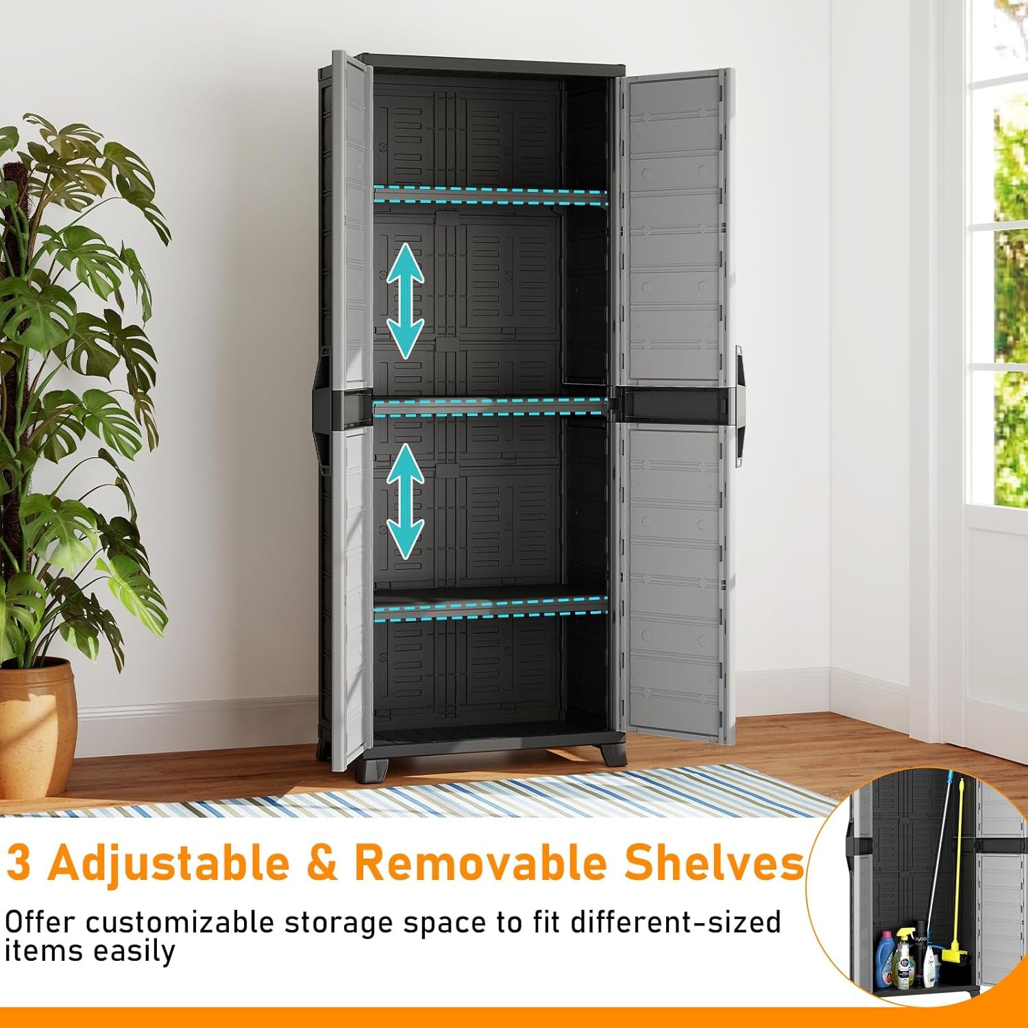 68" Lockable Storage Cabinet, PP Garage Storage Shed with Doors, 3 Adjustable Shelves, Freestanding Tool Locker, Shelving Unit for Pantry, Basement, Laundry Room or Mudroom