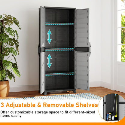 68" Lockable Storage Cabinet, PP Garage Storage Shed with Doors, 3 Adjustable Shelves, Freestanding Tool Locker, Shelving Unit for Pantry, Basement, Laundry Room or Mudroom