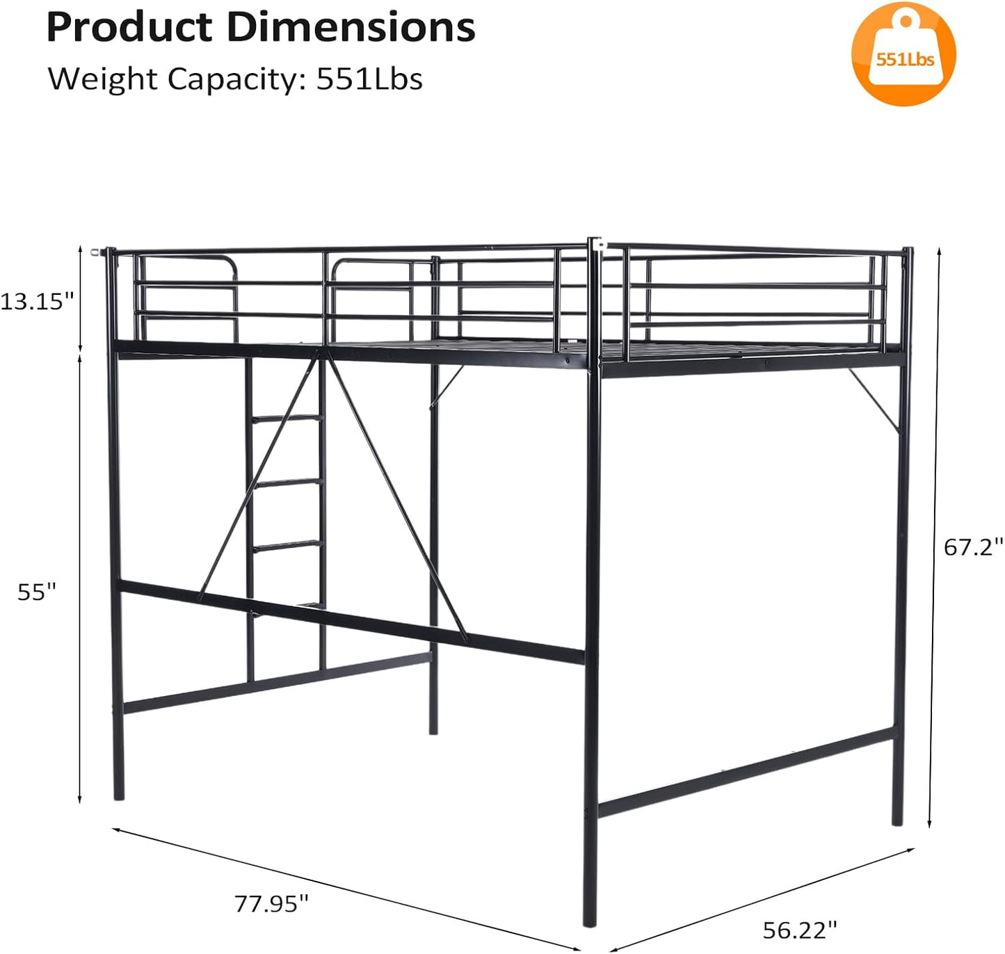 Loft Bed Full Size with Flat Rungs for Adults, Kids and Young Teens, No Box Spring Required,Heavy Duty Metal Slat Support,Black