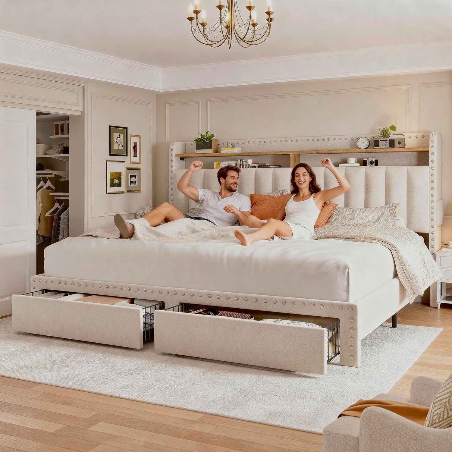 King Size Bed Frame, Upholstered King Bed Frame with 2 Storage Drawers and 2-Tier Headboard, Vertical Tufted Headboard Design, Extra Storage Space for Bedroom Apartment, Beige