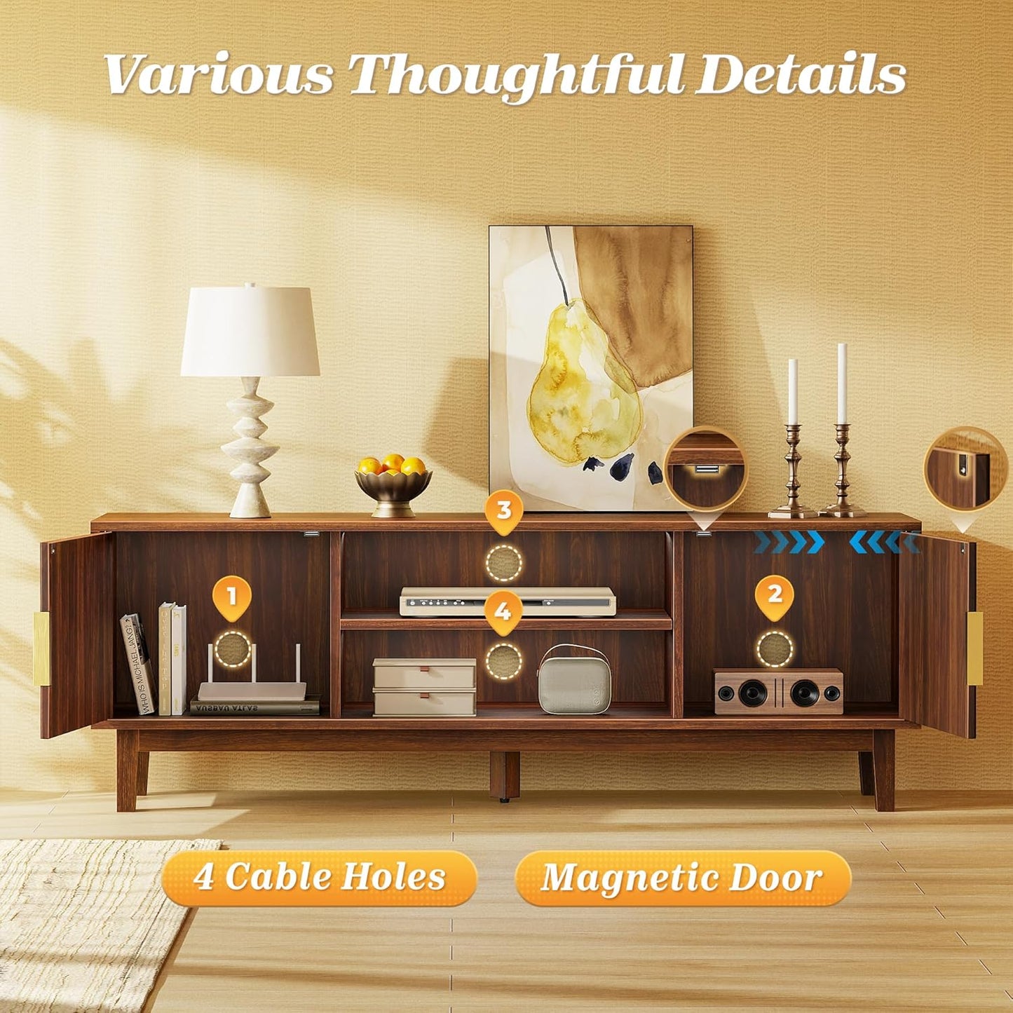 54 Inch TV Stand for 50, 55 Inch TV, Fluted Entertainment Center with 2 Cabinets, TV Consoles for Living Room, 3-Level Adjustable Shelf, 4 Cable Holes, Meida Console, Walnut