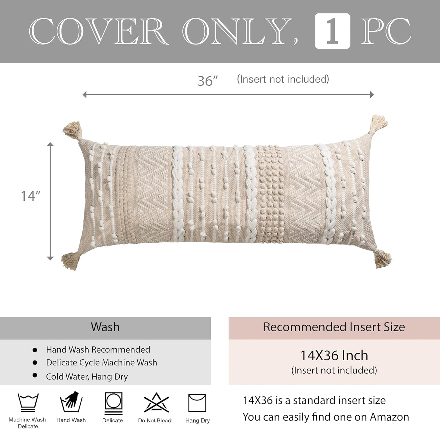 Cream Decorative Lumbar Throw Pillow Cover 14X36 Boho Long Cushion for Bed Neutral Beige White Accent Modern Farmhouse Pillowcase for Bedroom Living Room Couch Sofa Home Décor Cover ONLY