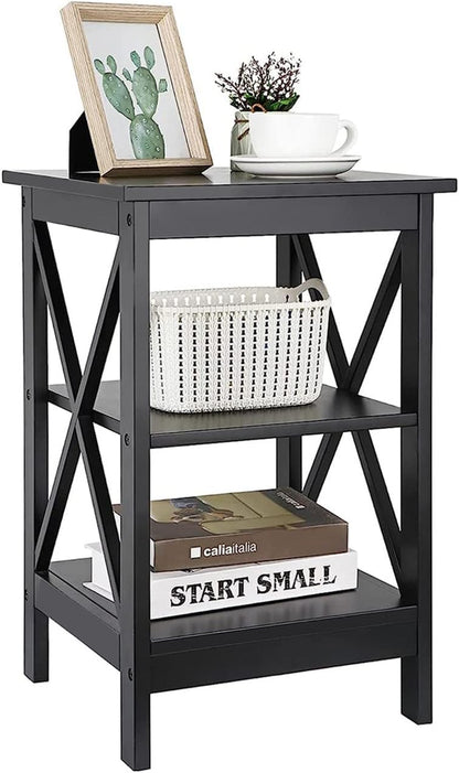 3-Tier End Table with Storage Shelves Versatile X-Design Wood Sofa Side Table for Living Room Bedroom Apartment Small Spaces, Black